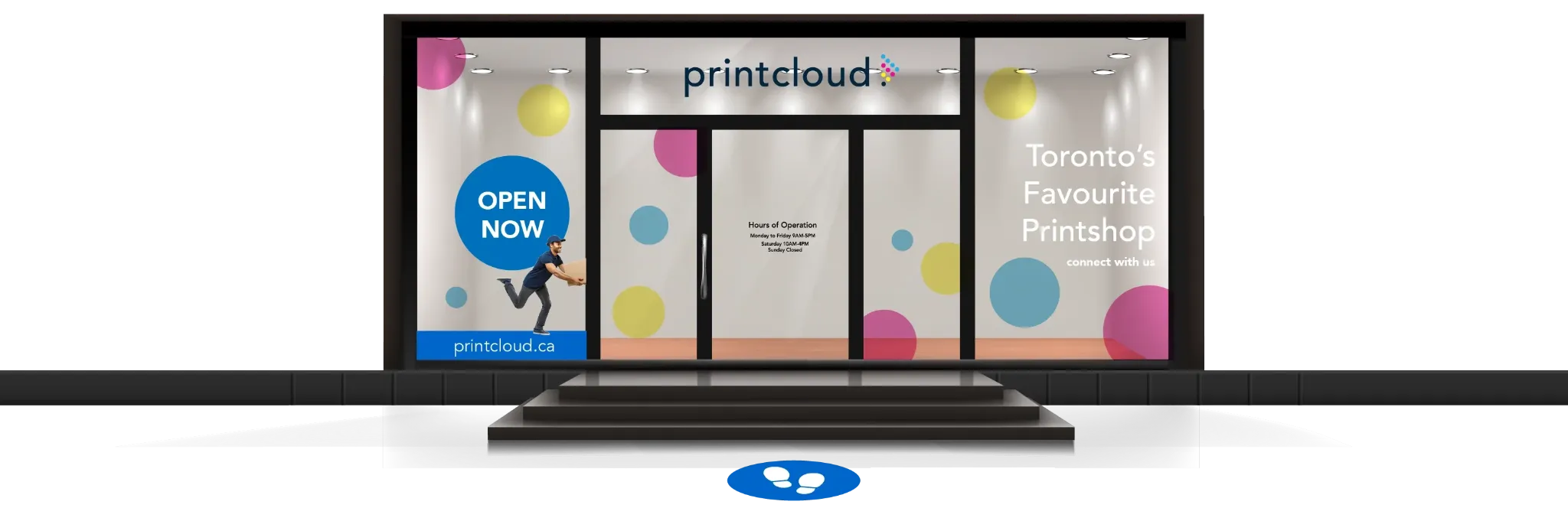 Printcloud storefront mockup showing vinyl decals, window lettering, block-out graphics and floor decals